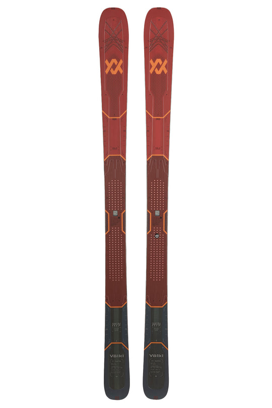 Pair of red and black skis with a brand logo on a white background