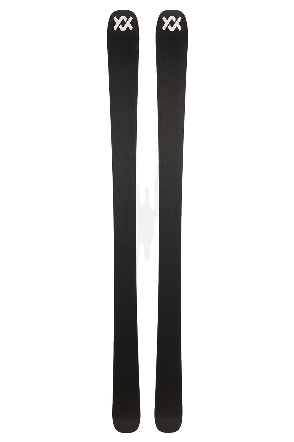 Pair of black skis with a brand logo on a white background