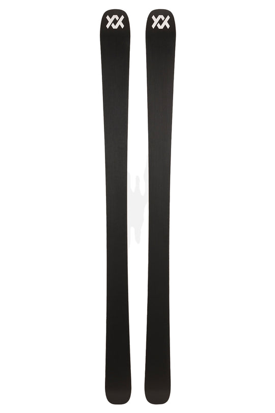 Pair of black skis with a brand logo on a white background