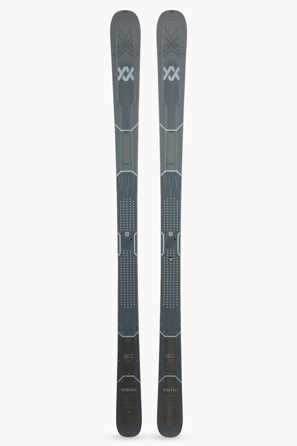 A pair of Volkl skis shown vertically side-by-side against a plain white background.