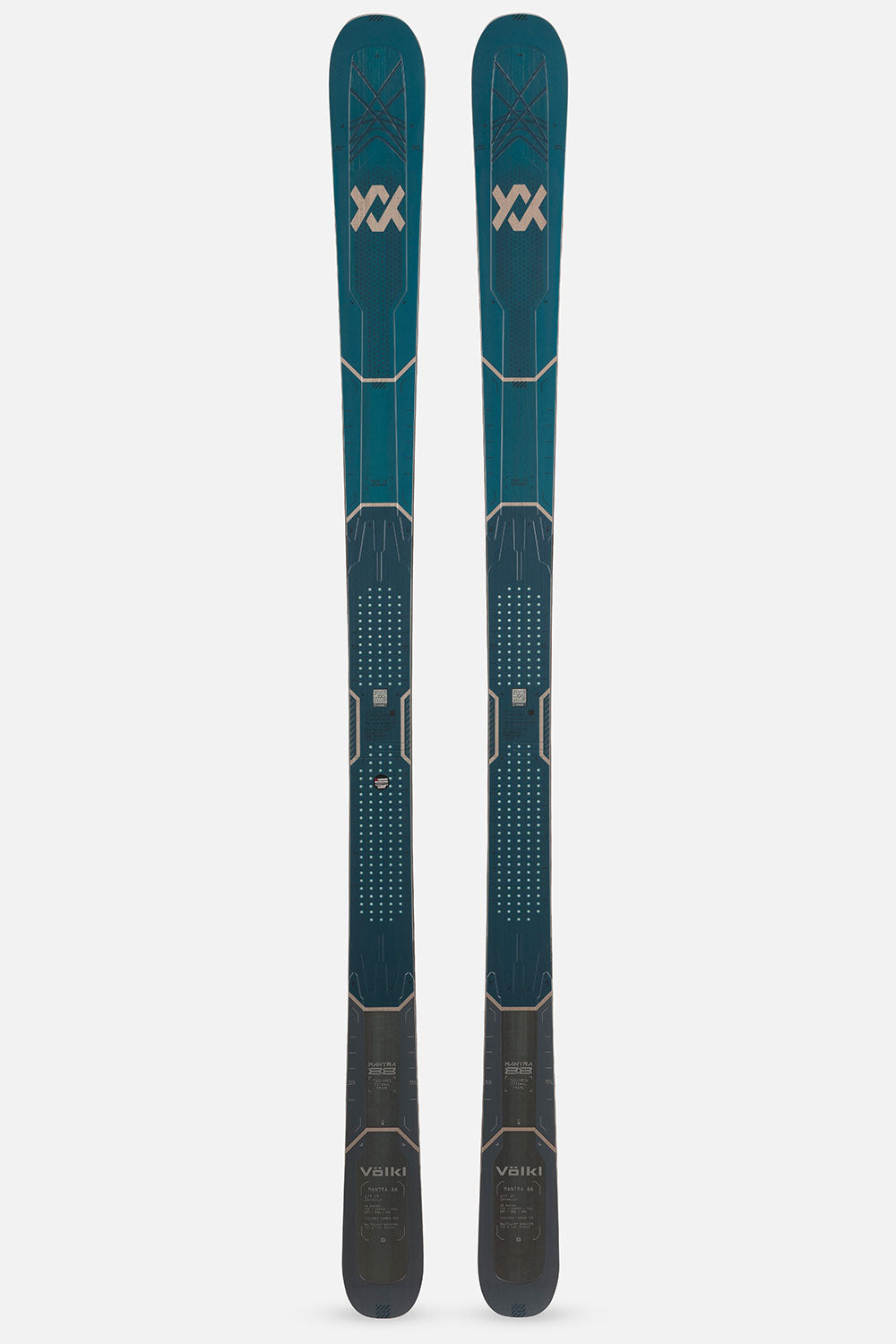 A pair of Volkl skis in a dark teal and black colorway with gold accents, shown vertically against a light gray background.