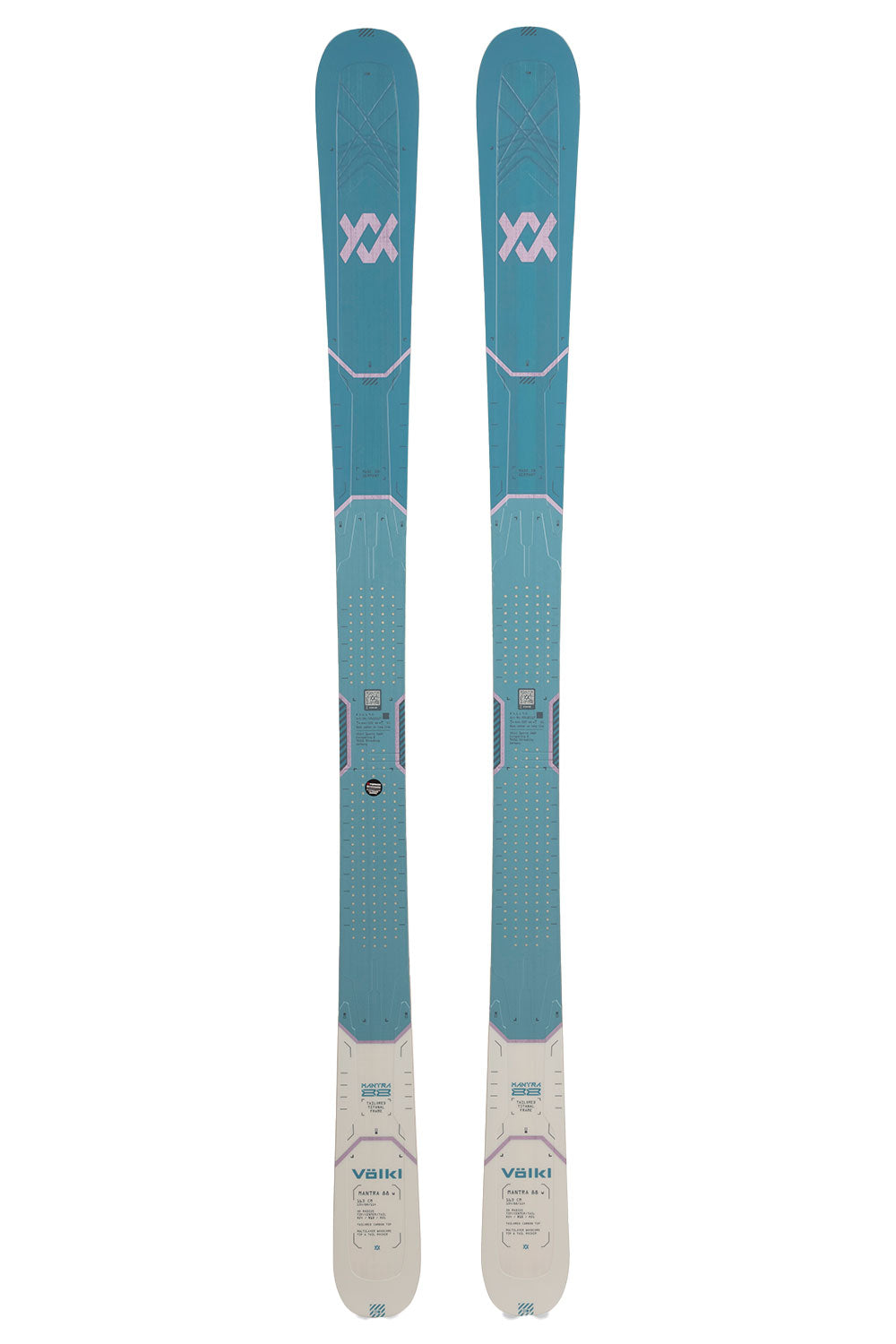 Pair of blue skis with visible branding on a white background