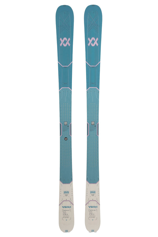 Pair of blue skis with visible branding on a white background