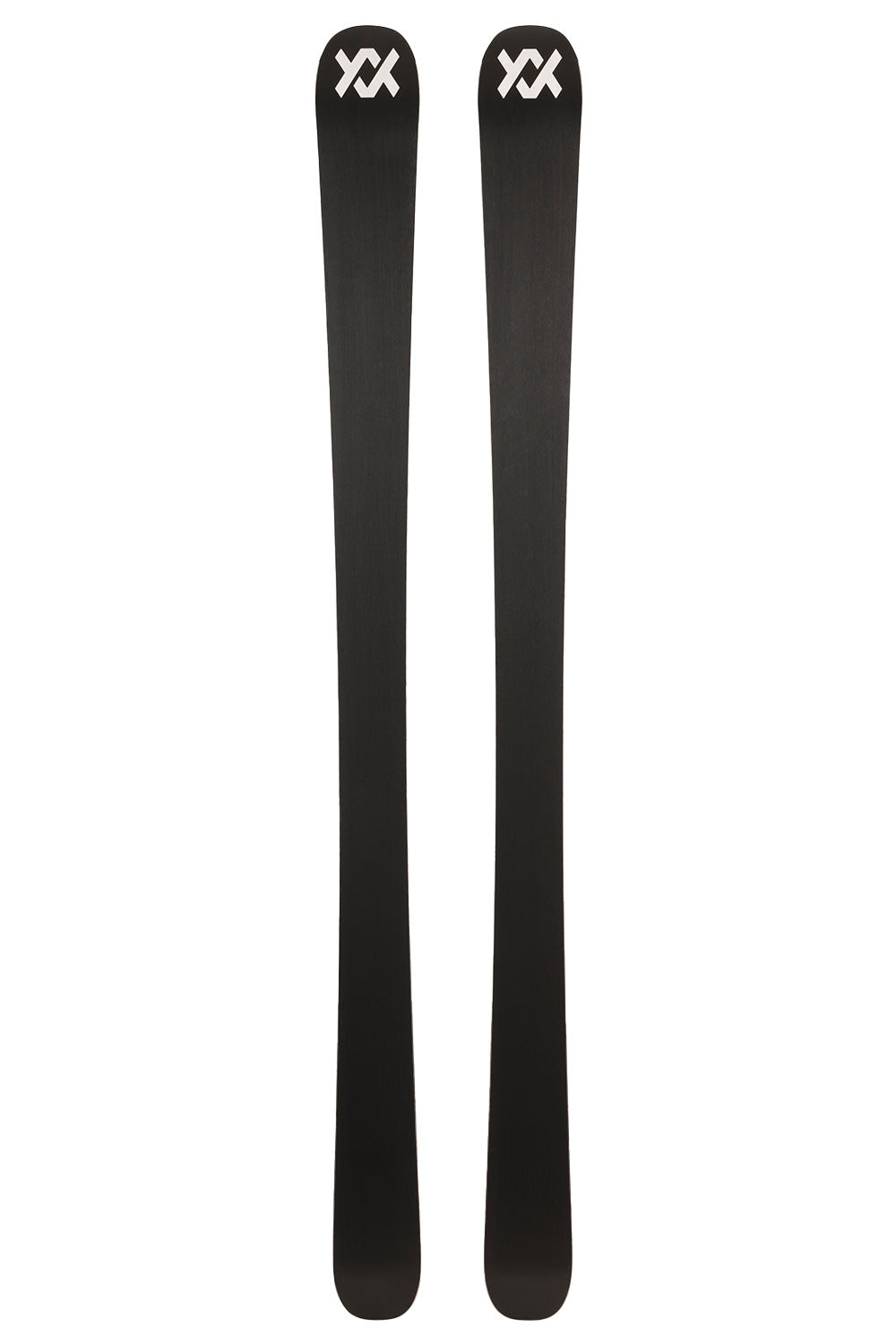 Two black skis with a brand logo on a white background