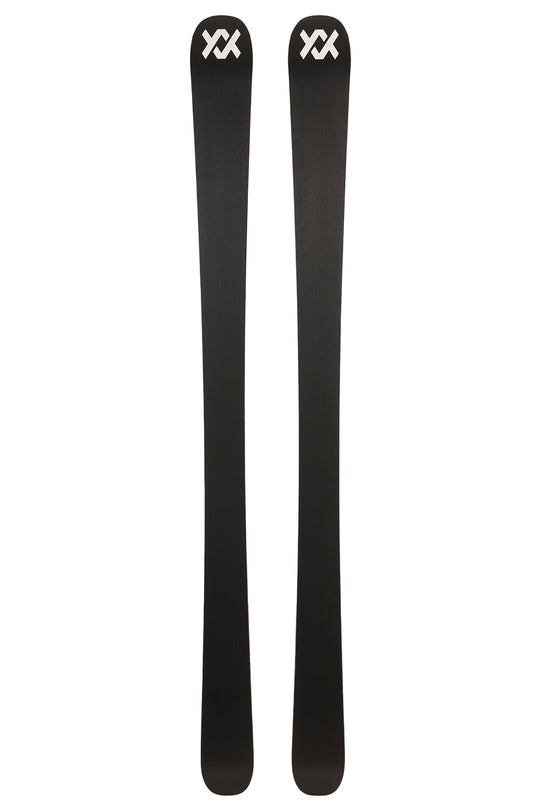 Two black skis with a brand logo on a white background
