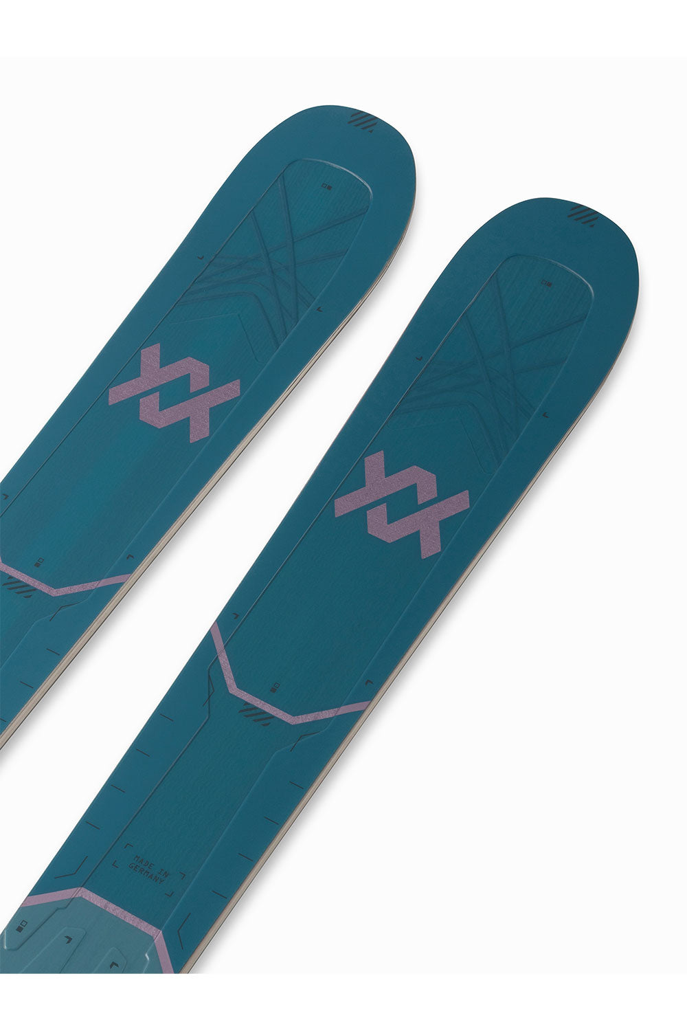 Two blue skis with a logo on a white background