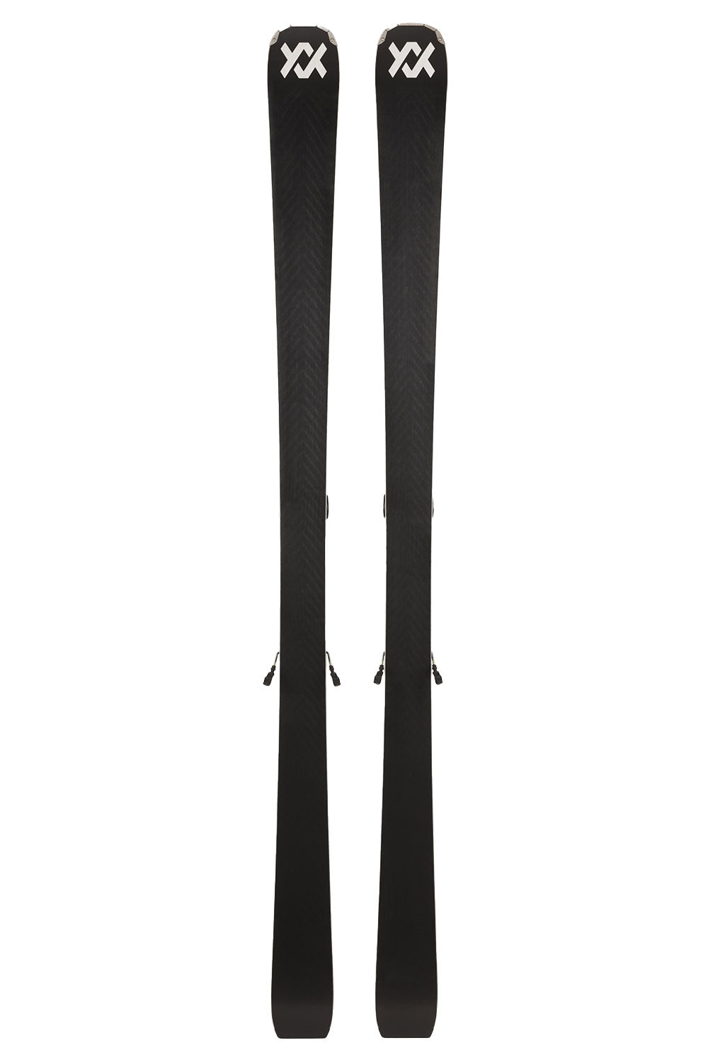 Pair of black skis with XX logo on a white background
