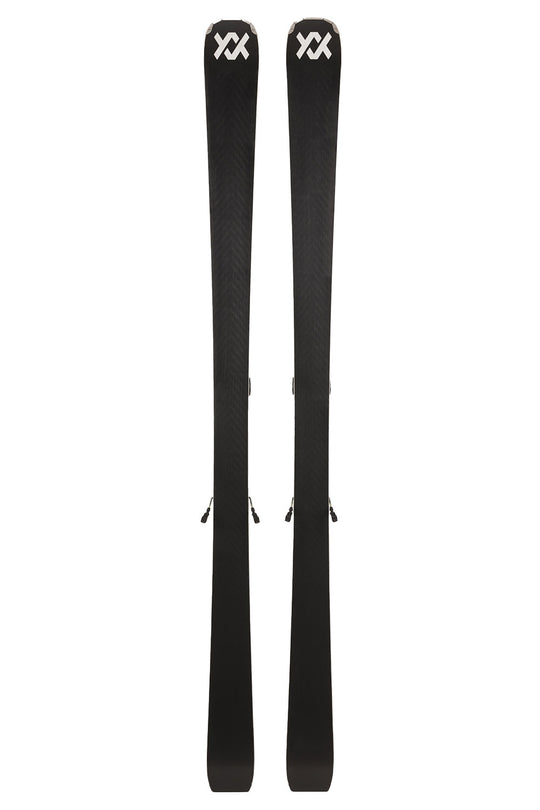 Pair of black skis with XX logo on a white background
