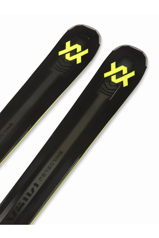 Black skis with yellow branding on a white background