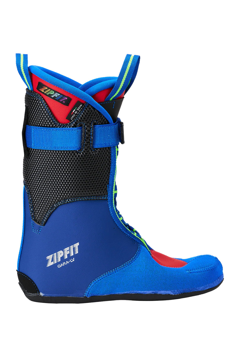 A single Zipfit ski boot liner in vibrant blue, black, and red, shown from a side profile on a solid white background.
