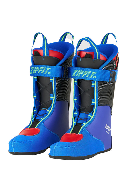 A pair of blue and black zip-in ski boot liners with red accents and bright blue straps, shown against a plain white background.