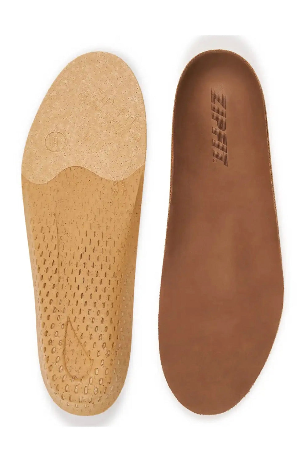 Two shoe insoles shown side by side on a white background, one with a natural cork-textured bottom and the other in a smooth medium brown with the brand name 'ZIPFIT' embossed.