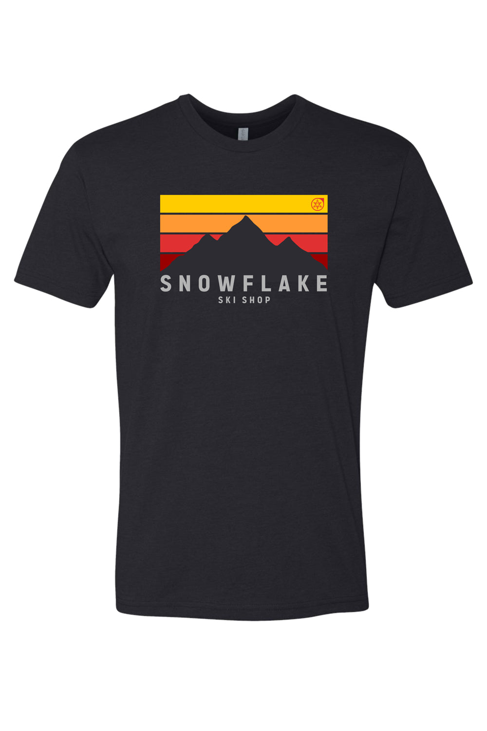 Black Snowflake Ski Shop t-shirt with mountain scene