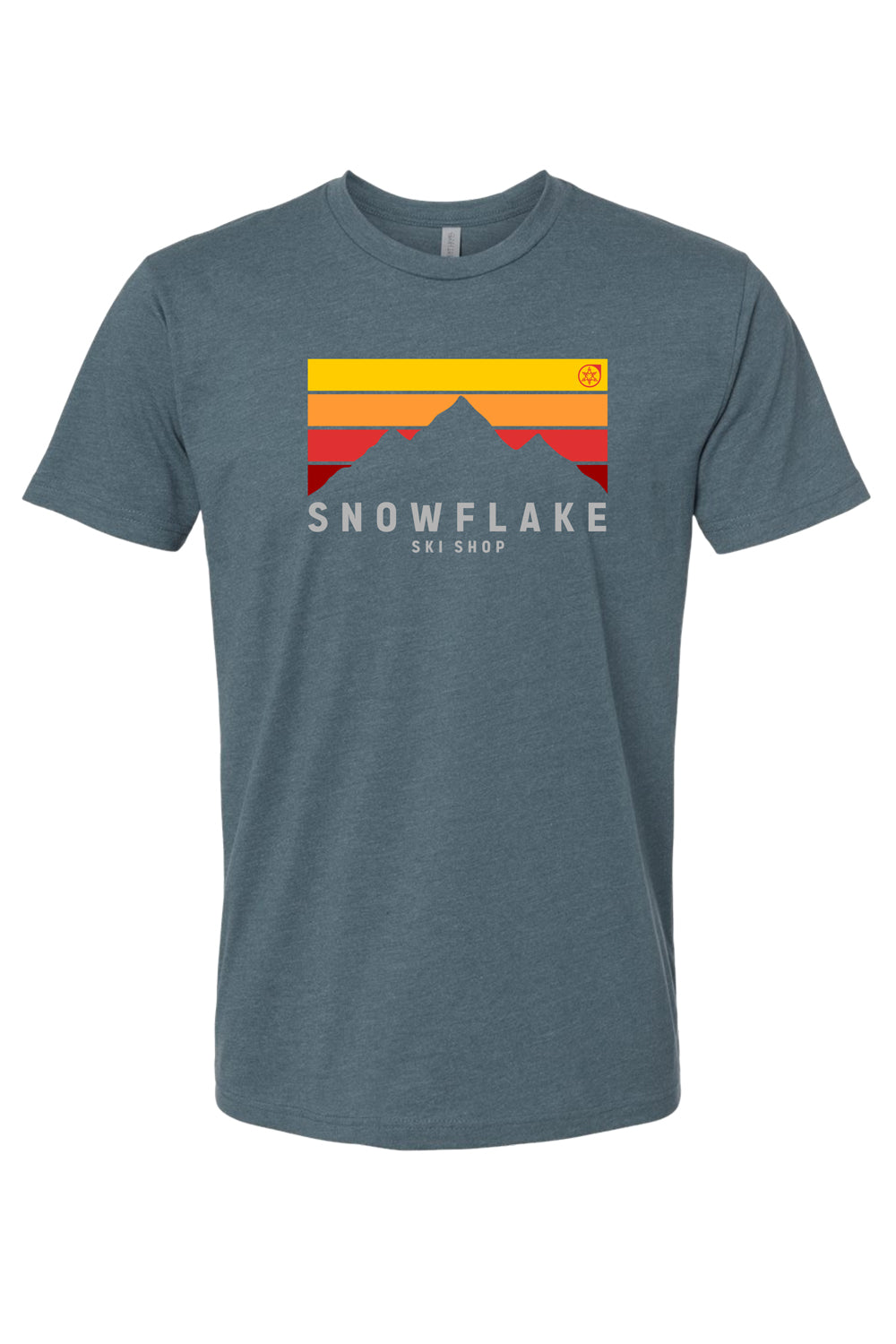 Snowflake Ski Shop T-shirt, mountain design, blue