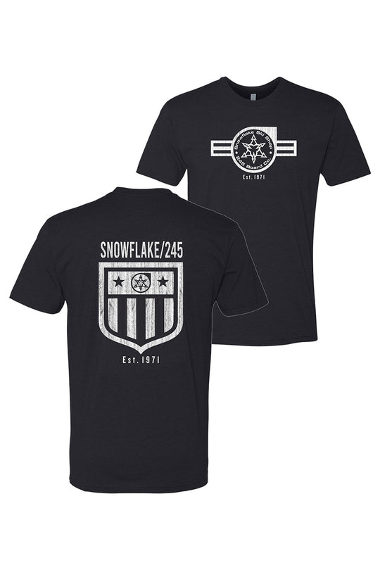 Black t-shirt with white graphics on front and back on a white background