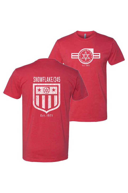 Red t-shirt with front and back graphics on a white background