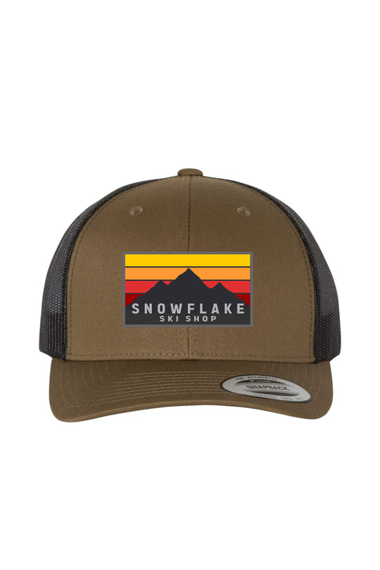 Snowflake Ski Shop trucker hat - mountain graphic - brown front, black back