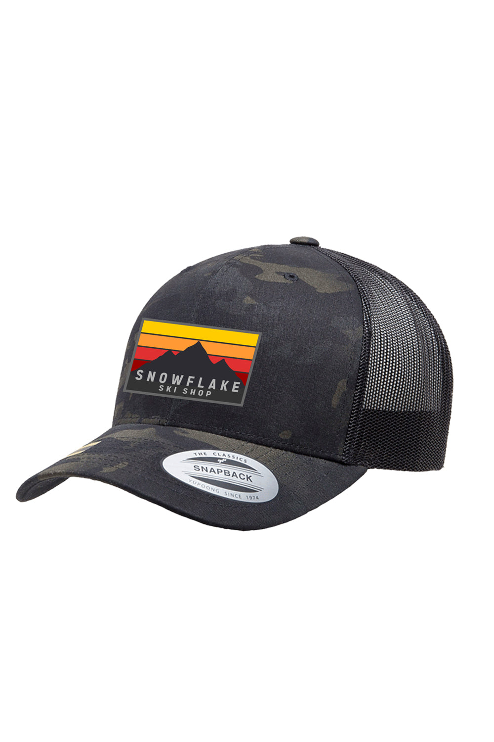Snowflake Ski Shop trucker hat - mountain graphic - black camo front, black back
