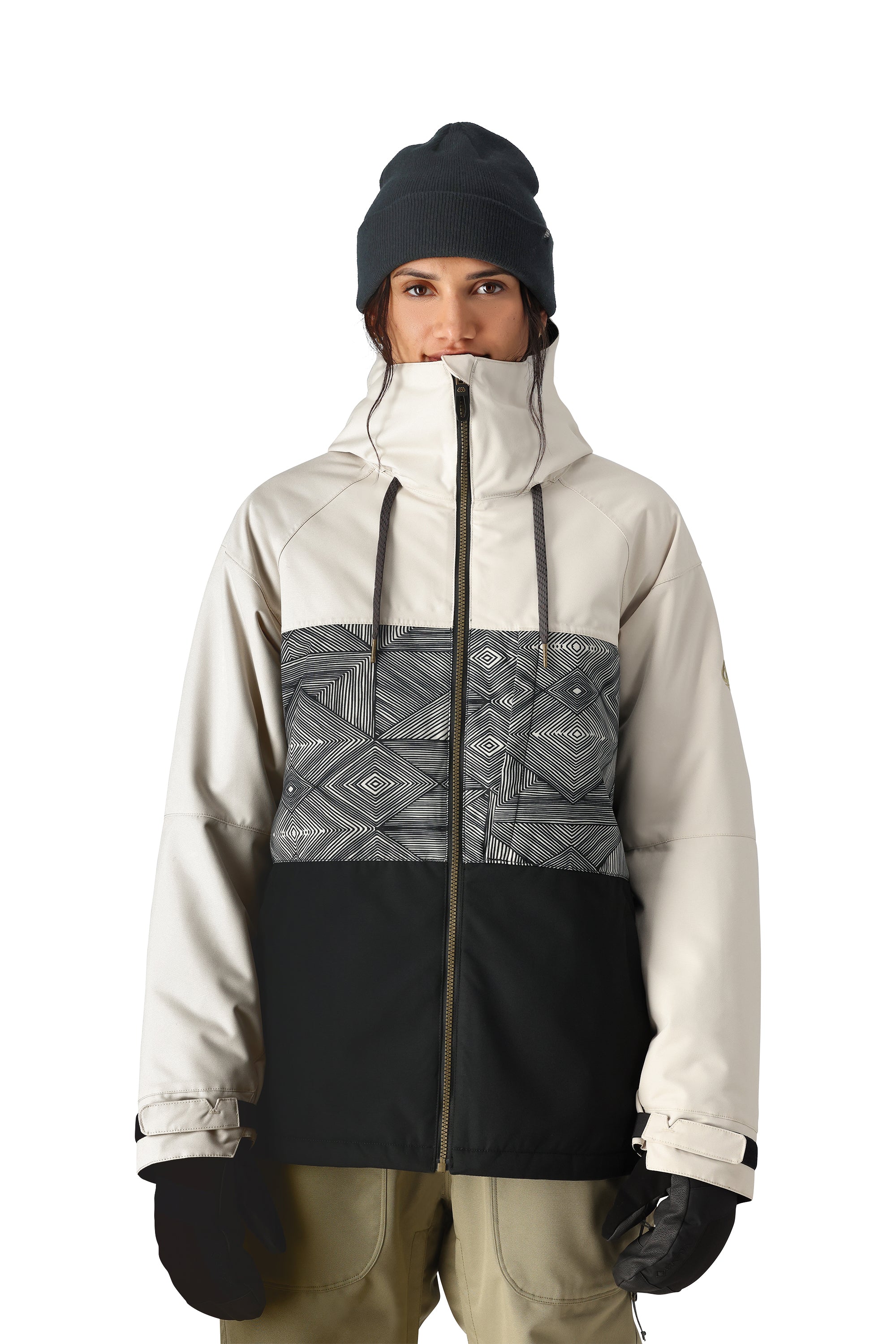 women's 686 Athena ski/snowboard jacket, white and black with black geometric pattern