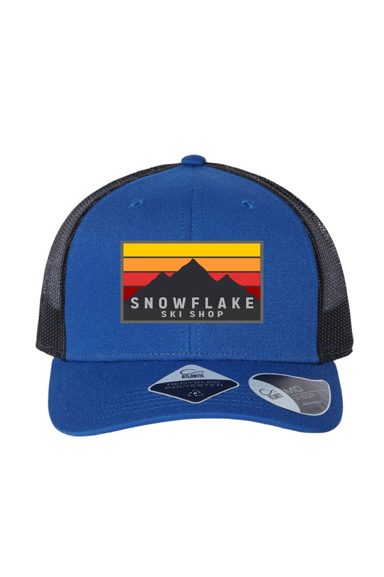 Snowflake Ski Shop trucker hat - mountain graphic - blue front, black back