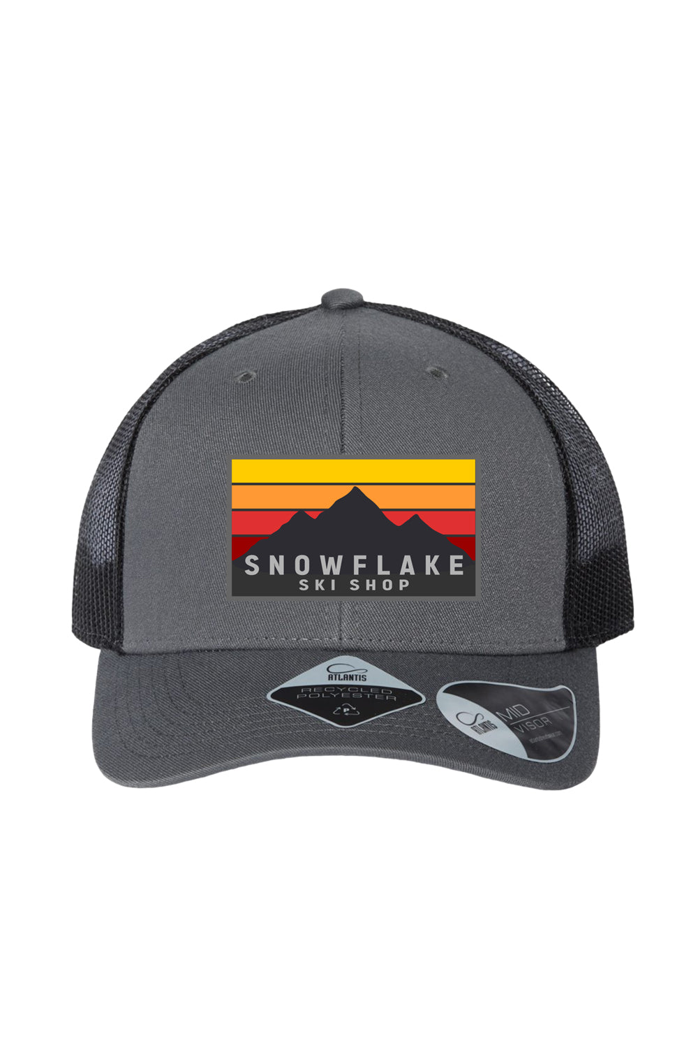 Snowflake Ski Shop trucker hat - mountain graphic - gray front, black back
