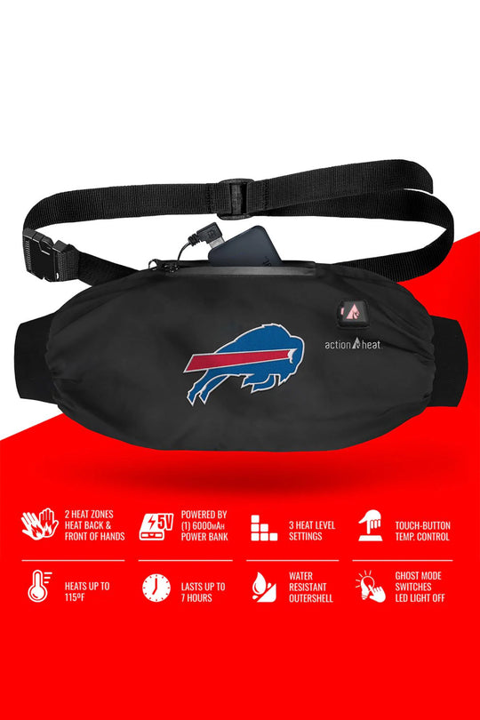 Black waist bag with Buffalo Bills logo and action heat branding on a red background