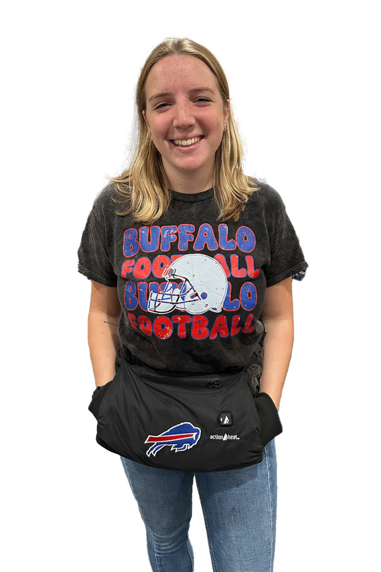 Person wearing a black 'Buffalo Football' t-shirt with a logo, standing against a white background