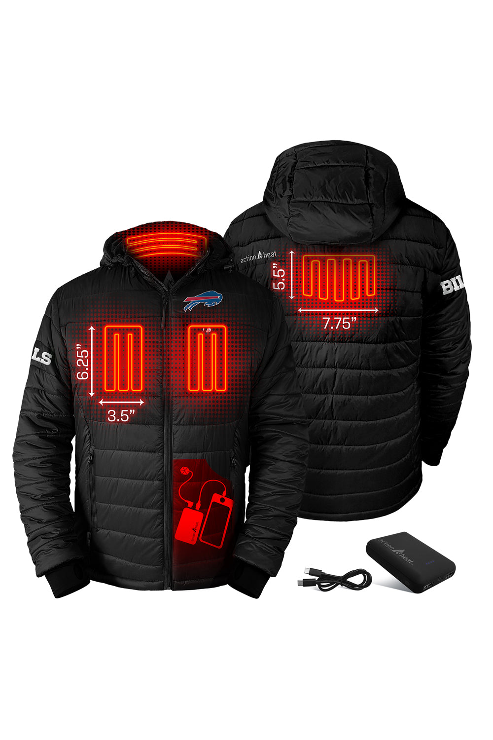 Action Heat heated black puffer jacket, Buffalo Bills logo