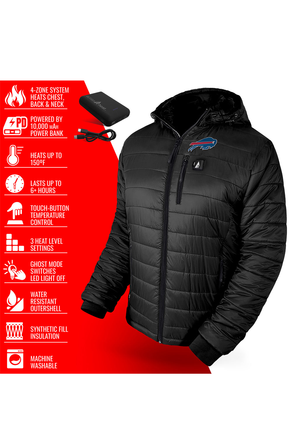Action Heat heated black puffer jacket, Buffalo Bills logo