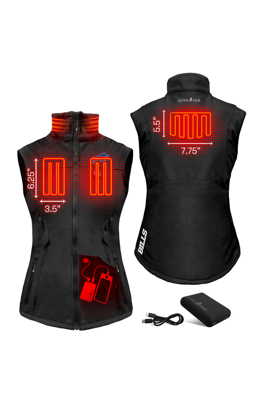 women's Action Heat heated vest, black with Bufflalo Bills logo