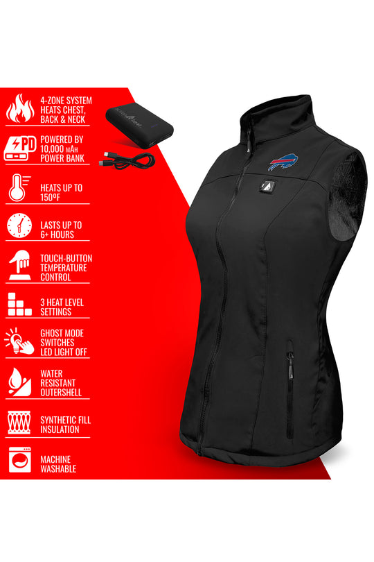 women's Action Heat heated vest, black with Bufflalo Bills logo