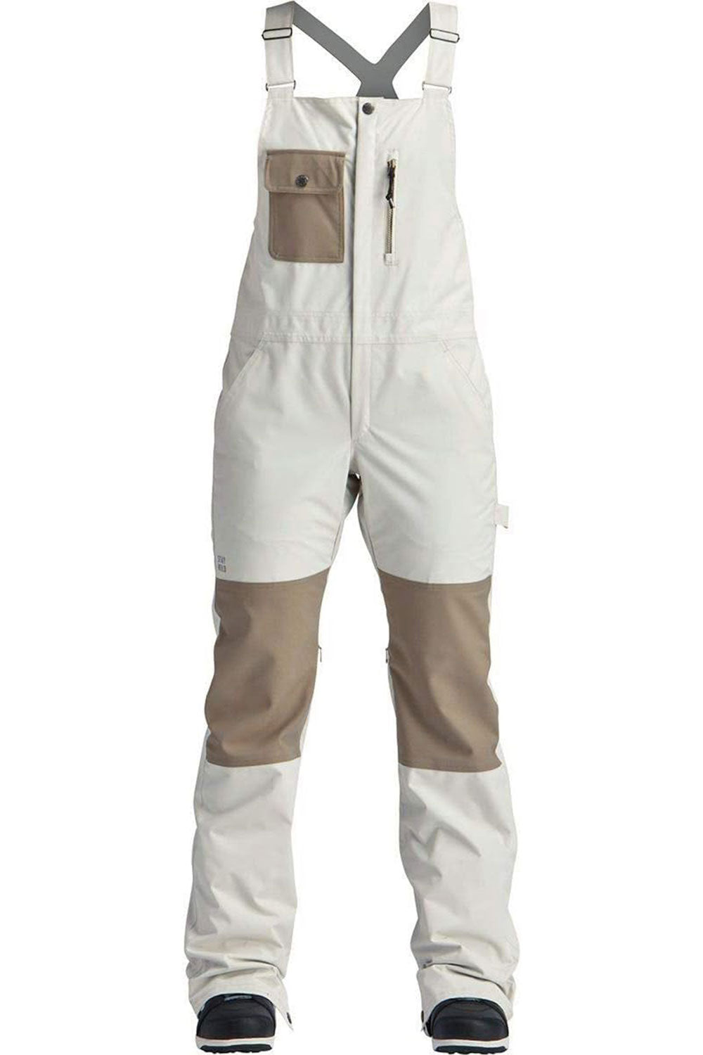 White and brown bib overalls on a white background
