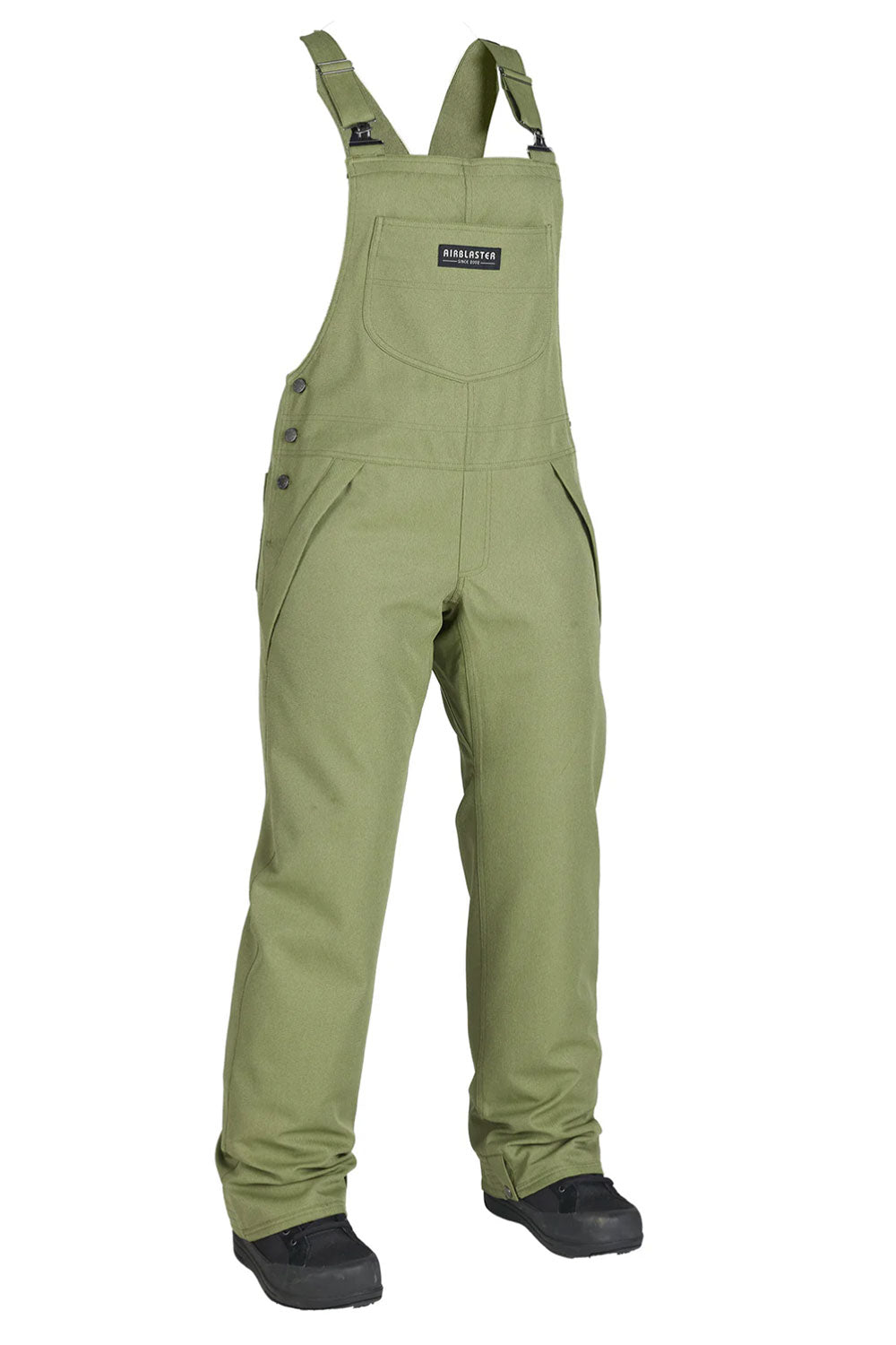 Green bib overalls with a visible brand logo on a white background