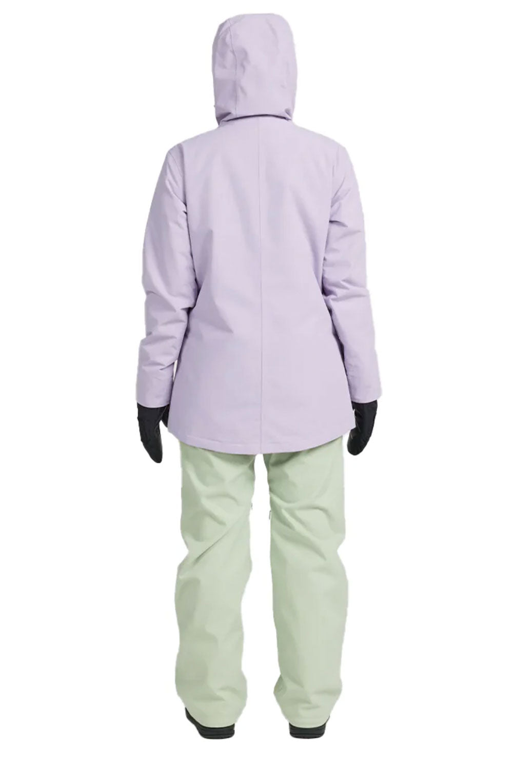 Person wearing a light purple jacket and light green pants on a white background
