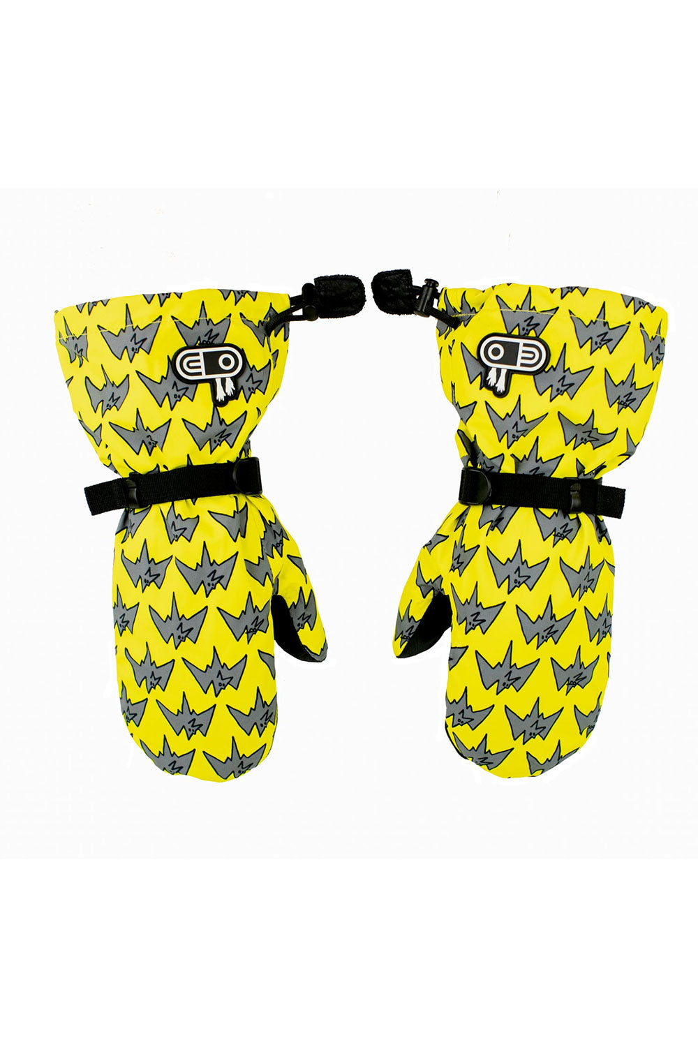 Pair of yellow mittens with gray pattern on a white background