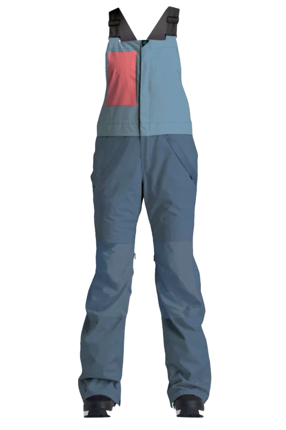 Blue bib overalls with an orange 
patch on a white background