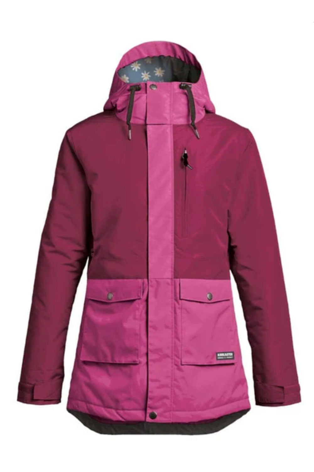 Pink winter jacket with a hood on a white background