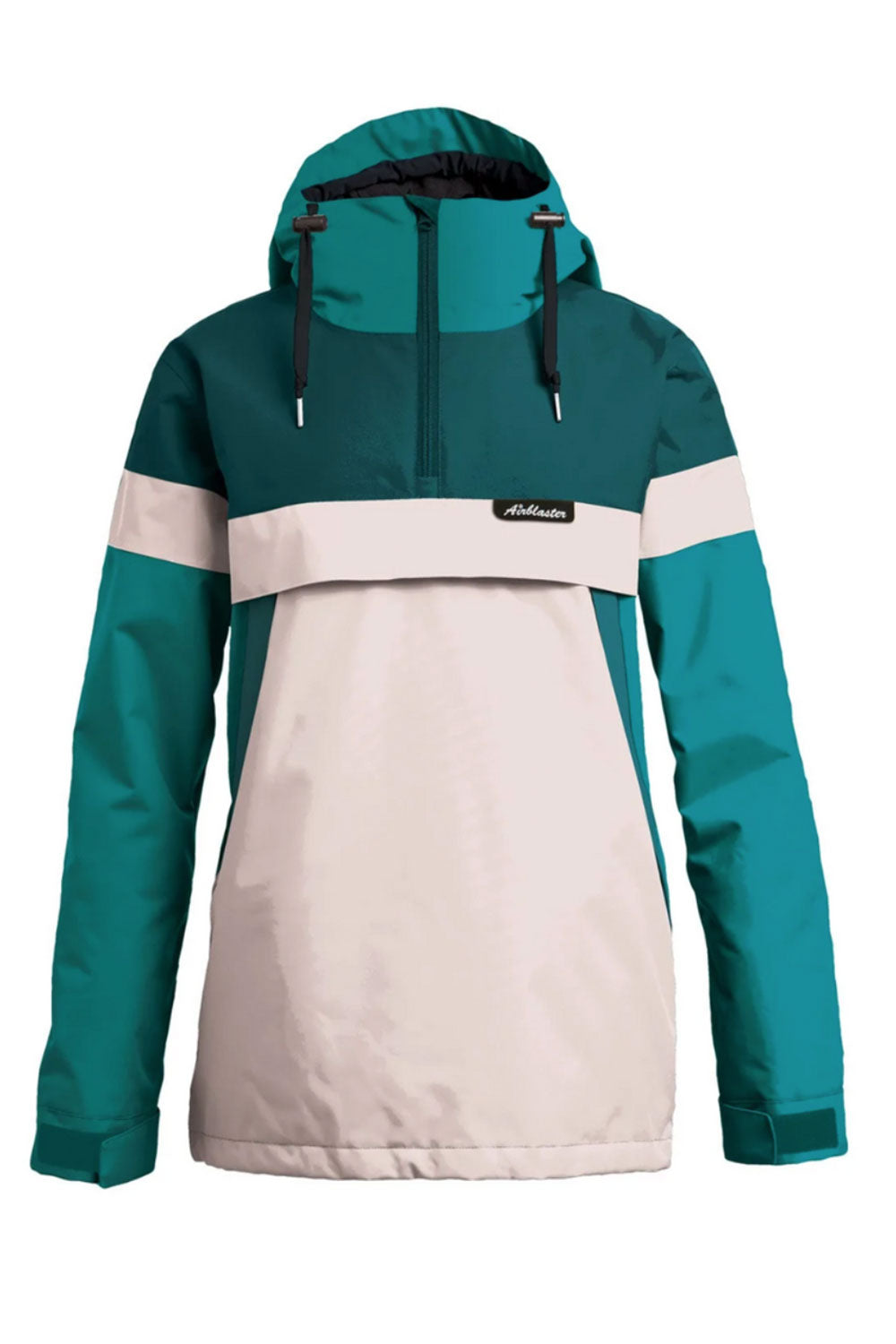 Two-tone teal and pink jacket with a brand logo on a white background