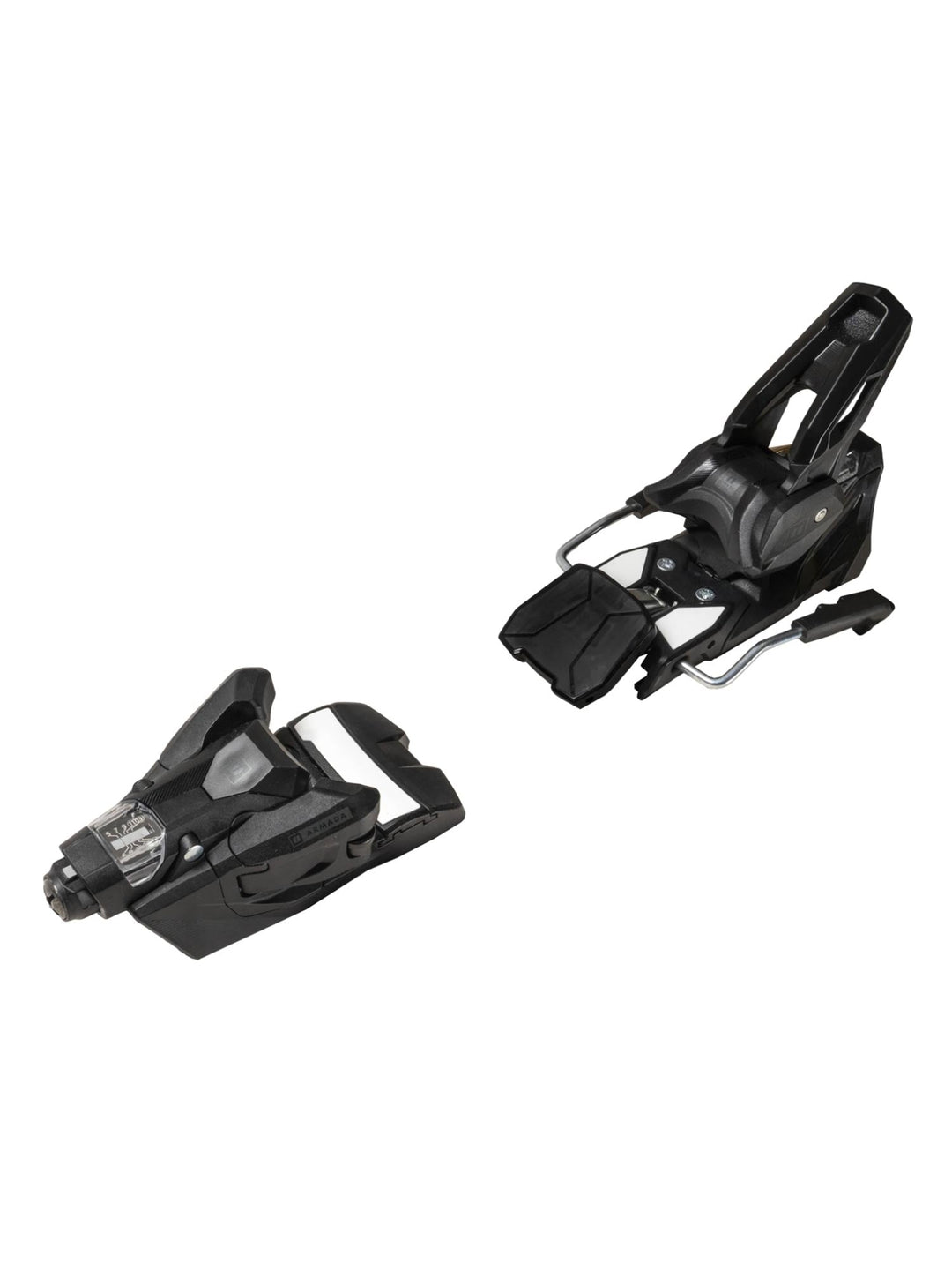Pair of black ski bindings on a white background