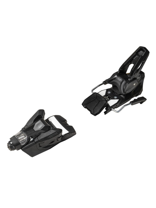 Pair of black ski bindings on a white background
