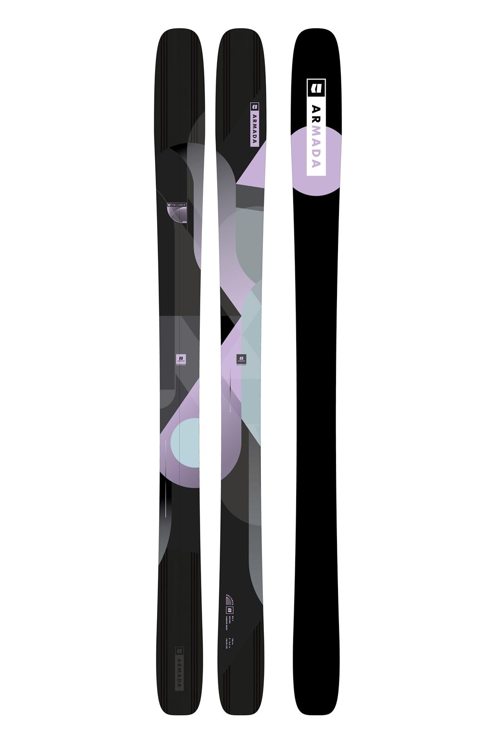 women's Armada Reliance skis, black with purple and mint green abstract pattern