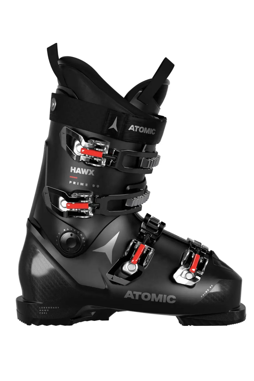 men's Atomic Hawx Prime 90n ski boot, black with red and silver accents