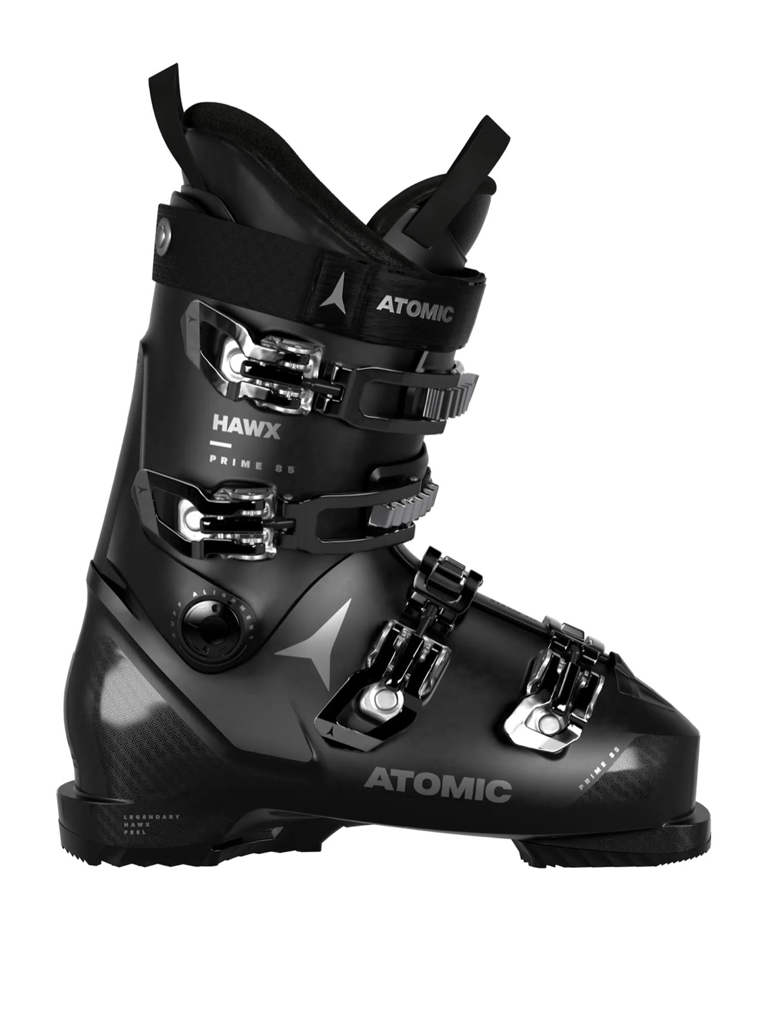 women's Atomic Hawx Prime 85 ski boots, black with silver accents