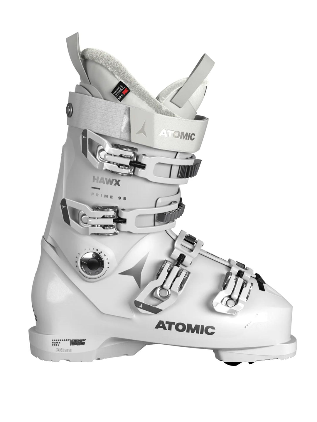 women's Atomic Hawx Prime 95 ski boots, white with silver accents