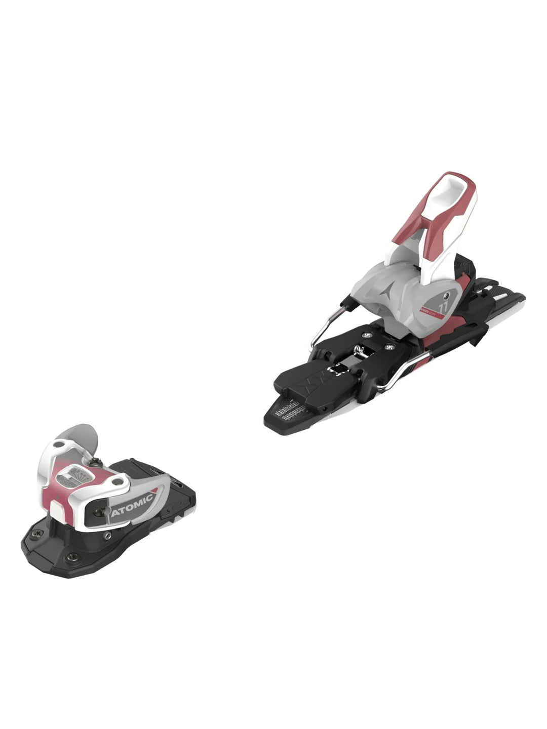 Atomic Warden 11 ski binndings, white and gray with cherry accents
