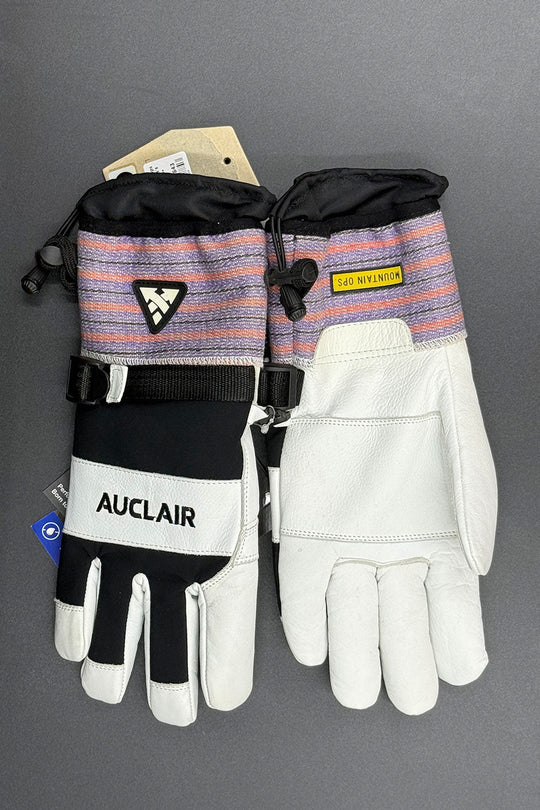 Pair of gloves with 'Auclair' branding on a gray background