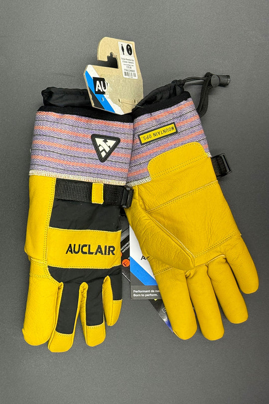 Yellow gloves with black accents and 'Auclair' branding on a gray background