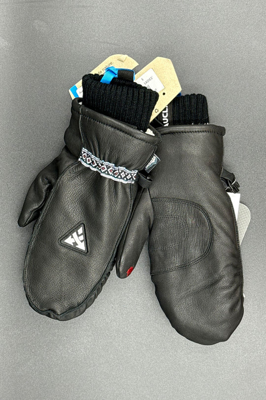 Black leather mittens with a brand logo on a gray background