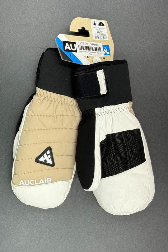 Pair of beige and black mittens with a visible brand tag on a gray background