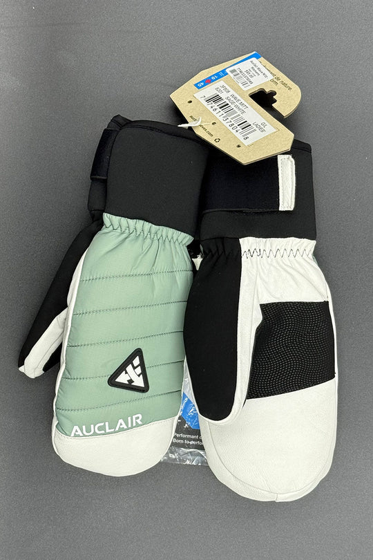Pair of Auclair mittens with a tag on a gray background